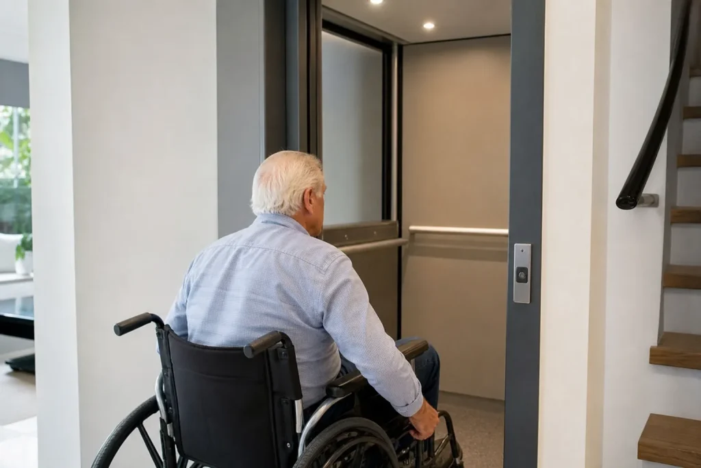 Personne en fauteuil roulant entrant dans un ascenseur privatif