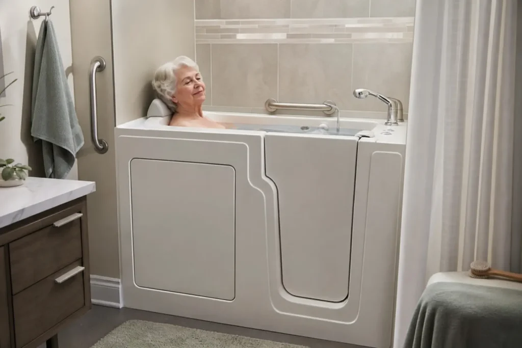 Senior prenant un bain dans une baignoire à porte
