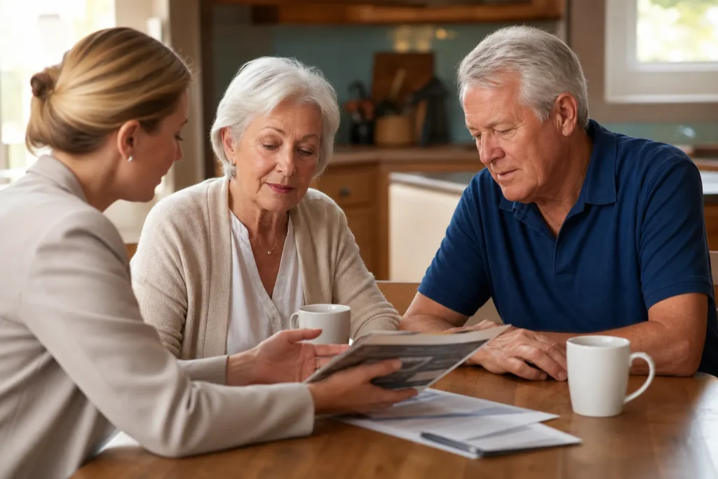 Conseiller présentant un devis à un couple de seniors