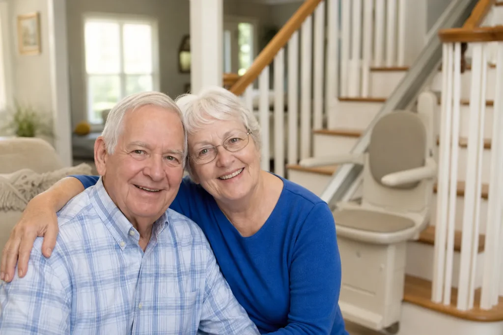 Couple de seniors chez eux avec un monte-escalier