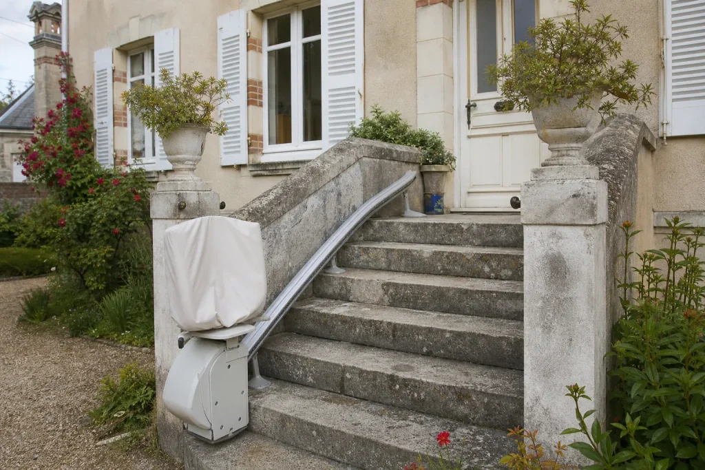 Monte-escalier extérieur sur les marches d’une maison