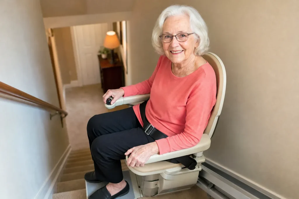 Senior utilisant un monte-escalier pour monter à l’étage