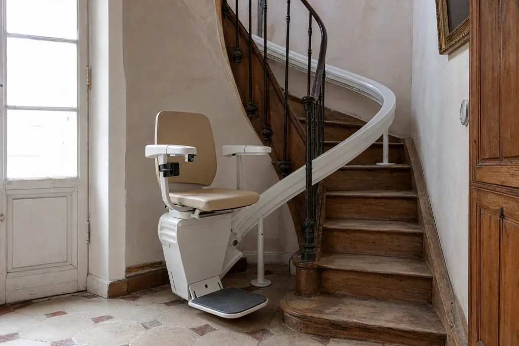Monte-escalier tournant avec rail sur mesure